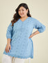 Janasya Women's Plus Size Light Blue Pure Cotton Schiffli Embroidered A-line Tunic